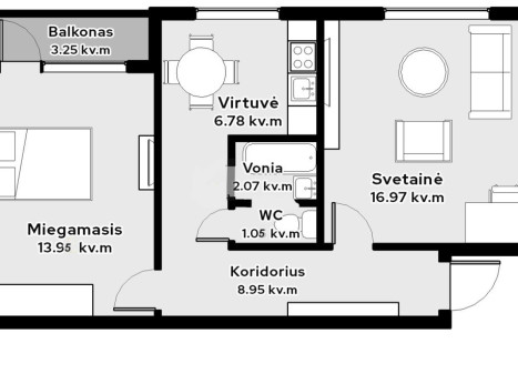 Parduodamas butas Taikos pr., Dainava, Kauno m., Kauno m. sav., 50 m2 ploto, 2 kambariai